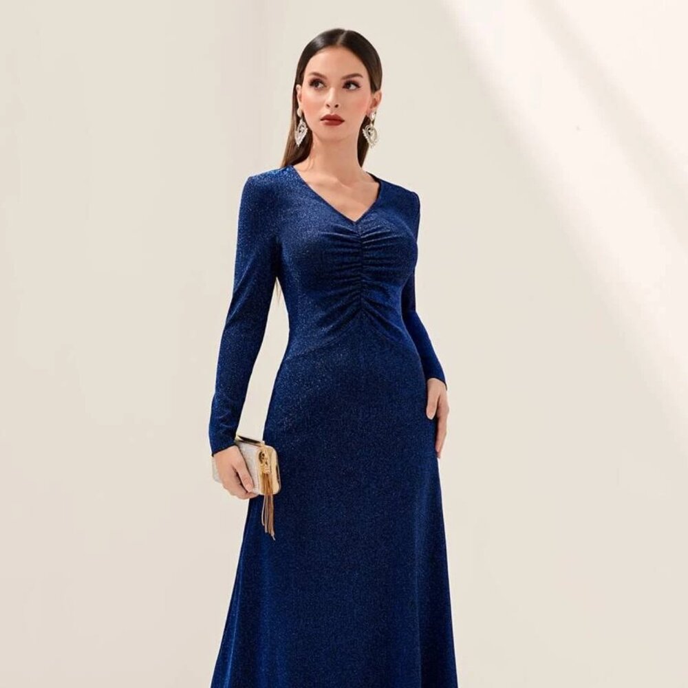 Ruched Front Glitter Women's Navy Blue A line Long Maxi Dress Size 6